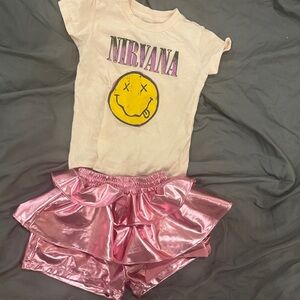 NIRVANA Pale Pink Tee with Yellow Smiley Graphic
